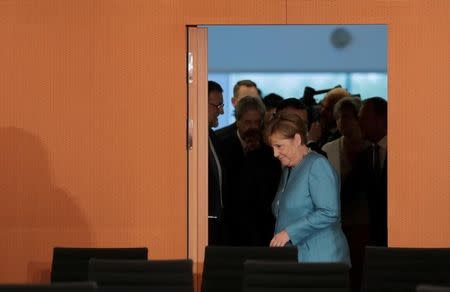 German Chancellor Angela Merkel prior to a gathering of European leaders on the upcoming G-20 summit in the chancellery in Berlin, Germany, June 29, 2017. REUTERS/Markus Schreiber/POOL