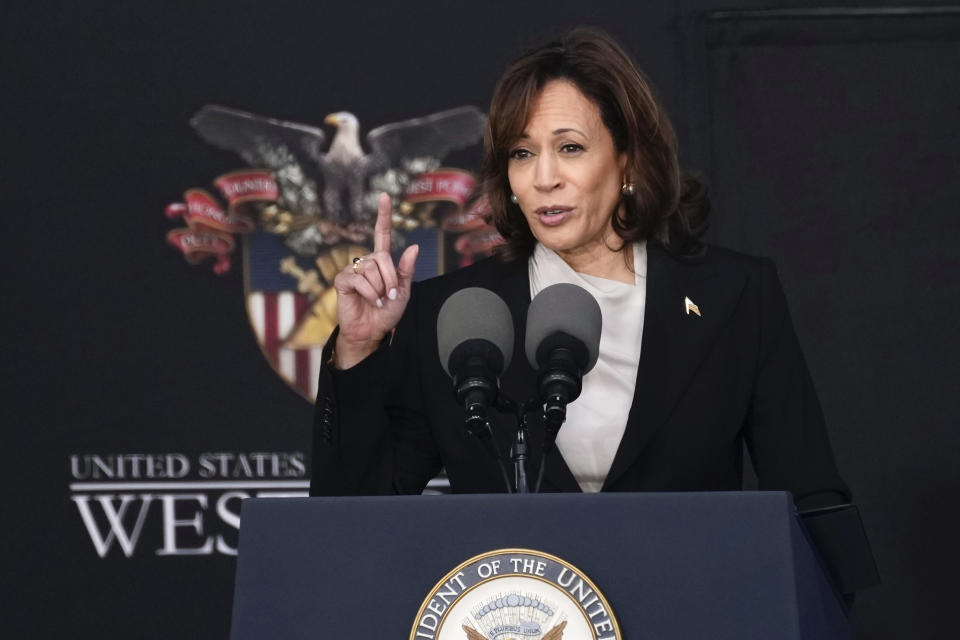 Vice President Kamala Harris speaks during the graduation ceremony of the U.S. Military Academy class of 2023 at Michie Stadium on Saturday, May 27, 2023, in West Point, N.Y. (AP Photo/Bryan Woolston)