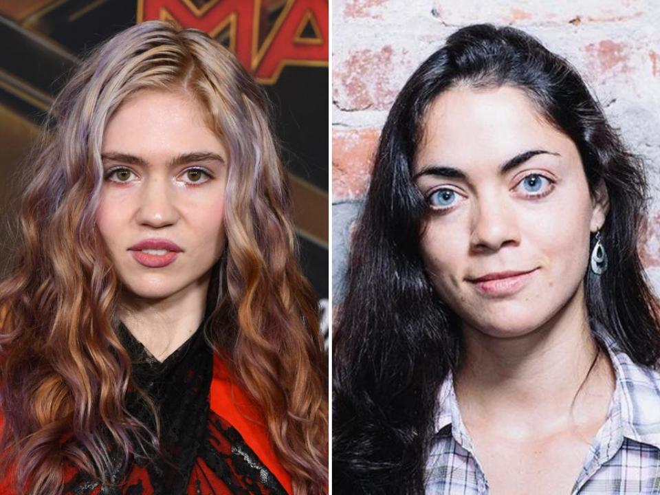 A composite image of Grimes, a musician, and Shivon Zilis. Grimes, left, has ombre grey and brown hair, and is wearing a red dress. Zilis, right, has dark hair, blue eyes, and is wearing a white, grey, and blue checked shirt.