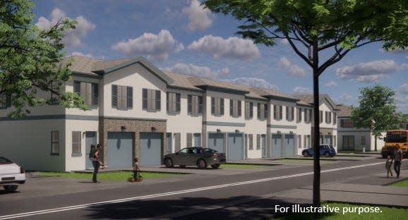 A rendering of the townhomes at the Preserve at Port Salerno, comprising 79 three-bedroom units on 8.73 acres along Southeast Hydrangea Street.