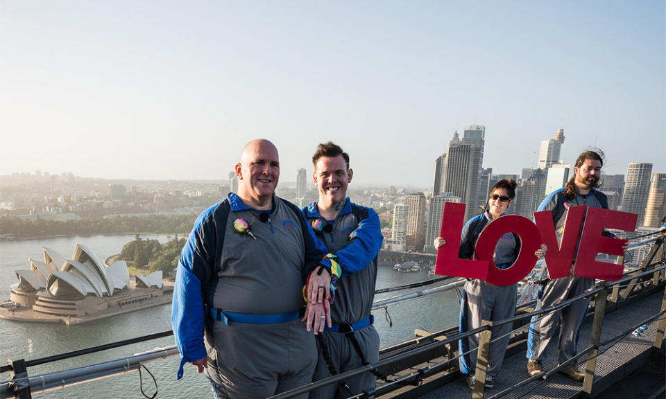 Warren Orlandi and Pauly Phillips became the first gay couple to wed on the bridge. Source: BridgeClimb.com
