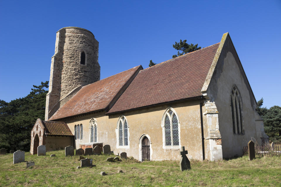 All Saints Church in the village of Ramsholt is an example of a traditional round-tower church in Suffolk, England.