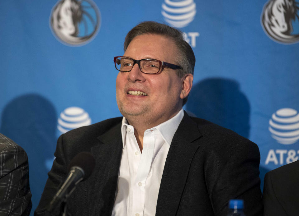 Donnie Nelson answers questions during a news conference at the American Airlines Center.