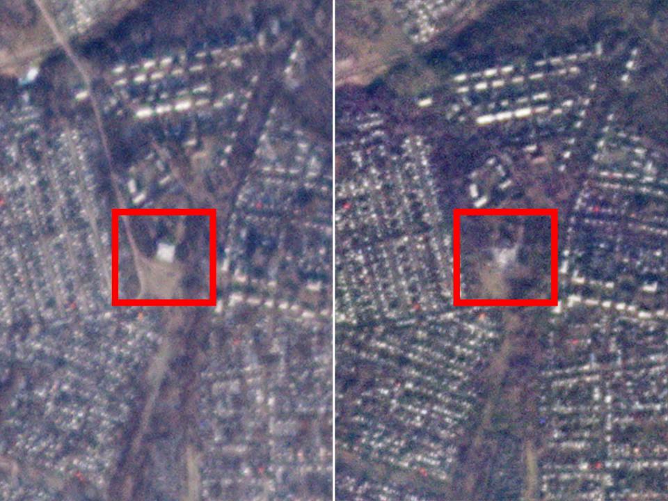 Satellite images show the vocational college (boxed) in Makiivka before and after shelling which killed dozens of Russian soldiers (Planet Labs/Reuters)