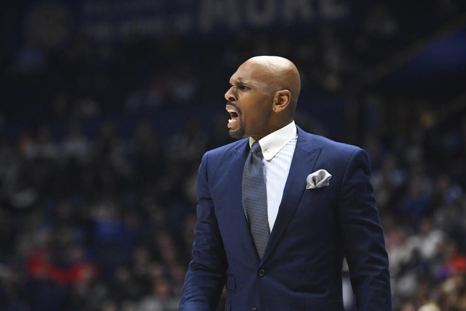 Vanderbilt coach Jerry Stackhouse shouts during the first half of an NCAA college basketball game against LSU in the second round of the Southeastern Conference tournament, Thursday, March 9, 2023, in Nashville, Tenn. (AP Photo/John Amis)