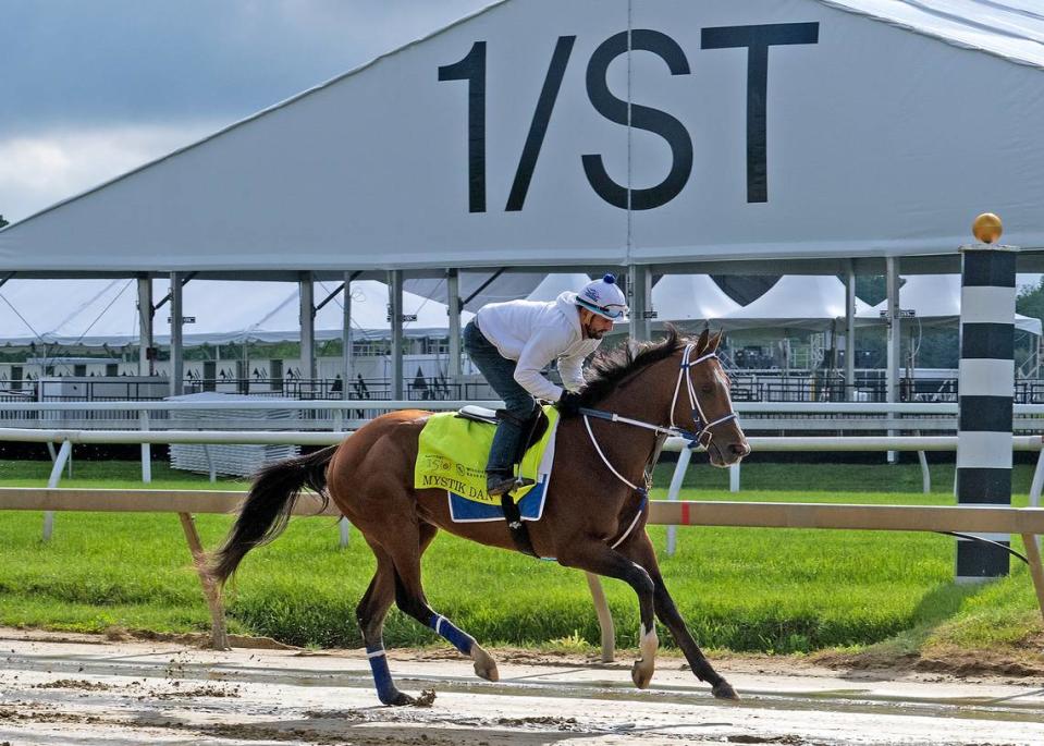 Kentucky Derby winner Mystik Dan works at Pimlico Race Course in Baltimore ahead of Saturday’s 149th running of the Preakness Stakes.