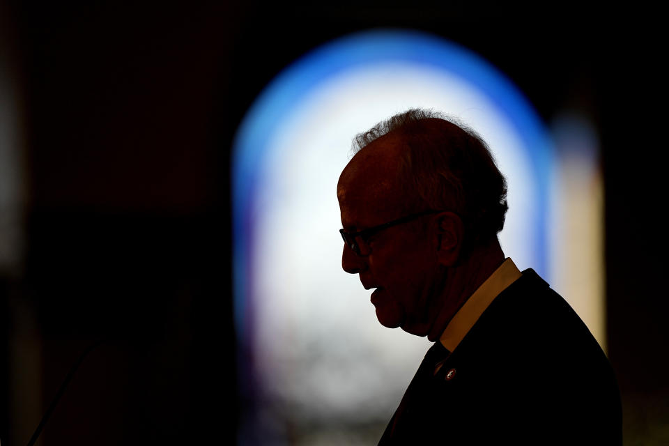 Sen. Jerry Moran, R-Kan., speaks during a memorial service for former Sen. Bob Dole, R-Kan., Saturday, Dec. 11, 2021, in Russell, Kan. (AP Photo/Charlie Riedel)