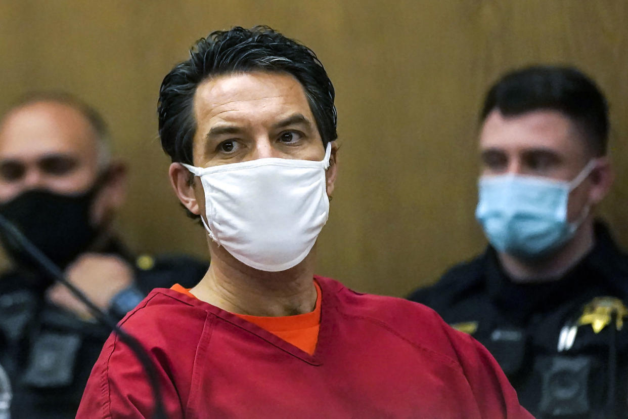 Scott Peterson listens during a hearing at the San Mateo County Superior Court in Redwood City, Calif., on Feb. 25, 2022. (Jeff Chiu / AP file)