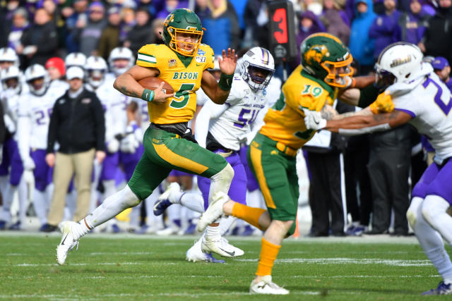 October 3, 2020: North Dakota State Bison quarterback Trey Lance (5)  celebrates after rushing for a touchdown in the second half of a NCAA FCS  football game between the Central Arkansas Bears