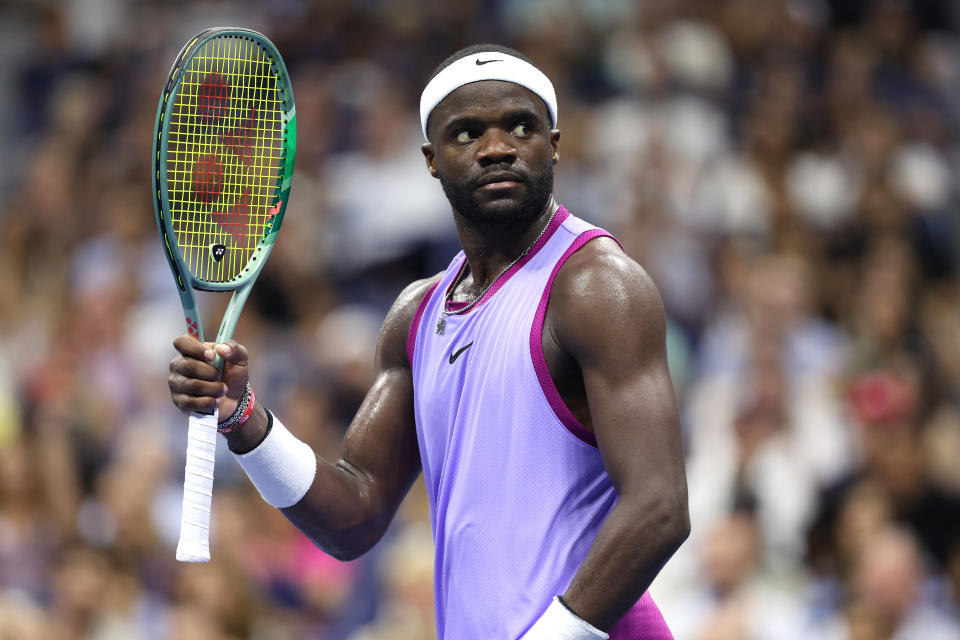 NEW YORK, NEW YORK - SEPTEMBER 1: Frances Tiafoe of the United States looks on during the fourth set against Alexei Popyrin of Australia during their men's singles fourth round match on day seven of the 2024 US Open at the USTA Billie Jean King National Tennis Center on September 1, 2024 in the Flushing neighborhood of Queens in New York City. (Photo by Jamie Squire/Getty Images)