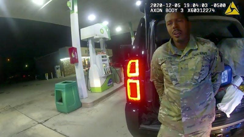 In this image made from Windsor, Va., Police video, a police officer speaks with Caron Nazario during a traffic stop, Dec. 20, 2020, in Windsor, Va. A trial in federal court in Richmond is set to begin Monday, Jan.9, 2023, for the lawsuit filed by the U.S. Army lieutenant who was pepper sprayed, struck and handcuffed by police during a traffic stop but never arrested.