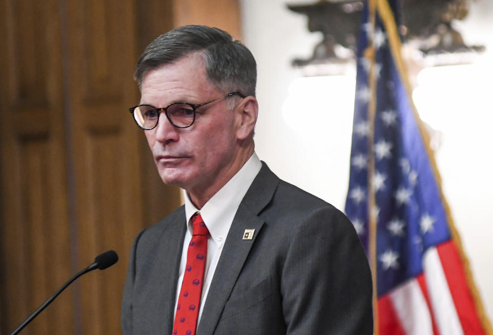 FILE - Wyoming Gov. Mark Gordon delivers his State of the State address to the Wyoming Legislature on Feb. 14, 2022, in Cheyenne, Wyo. With the nation's first explicit ban on abortion pills, Wyoming has pushed to the front of efforts to prohibit the most common type of abortion. (Rhianna Gelhart/The Wyoming Tribune Eagle via AP, File)