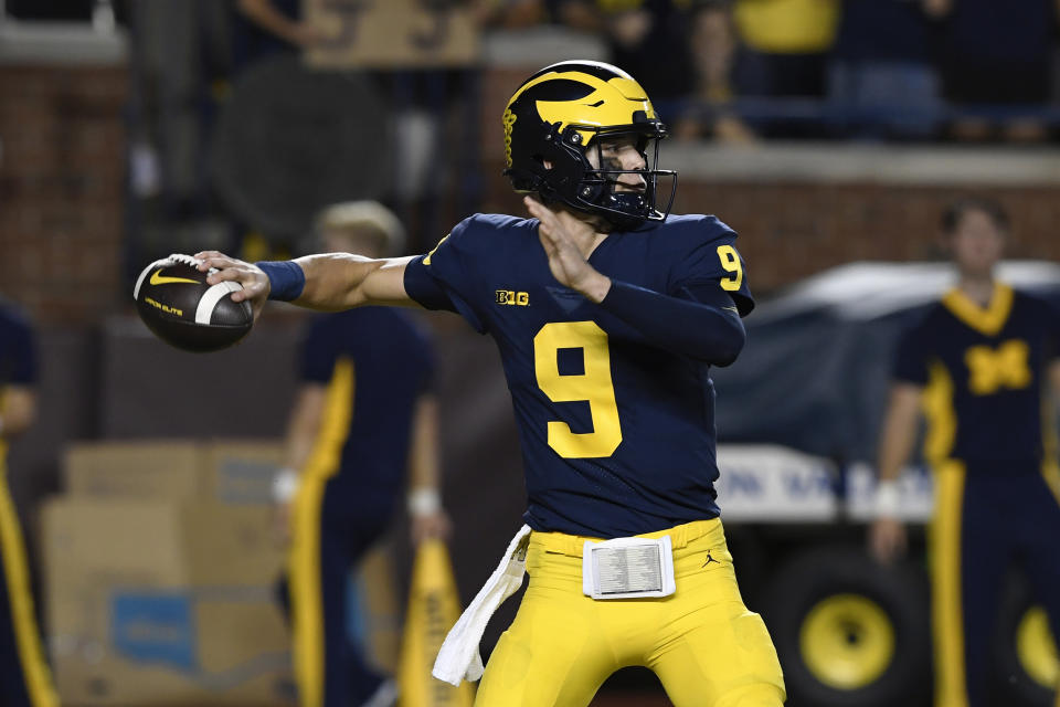 Michigan quarterback J.J. McCarthy throws against Hawaii during the first half of an NCAA college football game, Saturday, Sept. 10, 2022, in Ann Arbor, Mich. (AP Photo/Jose Juarez)