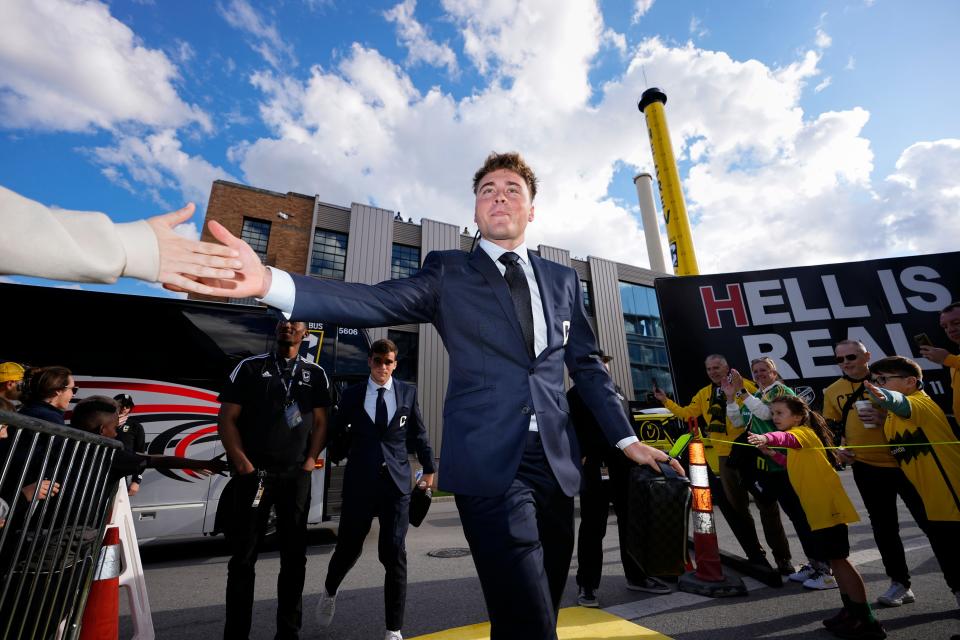 Crew midfielder Aidan Morris arrives at Lower.com Field prior to a game against FC Cincinnati on May 11.