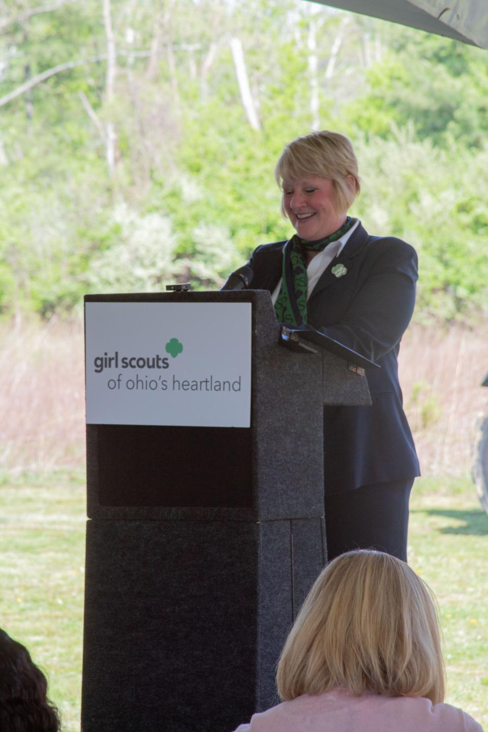 Tammy Wharton, president and CEO of the Girl Scouts of Ohio's Heartland, speaks at the May 9, 2023 ground breaking celebration for the new STEM Leadership Center & Maker Space in Galloway.