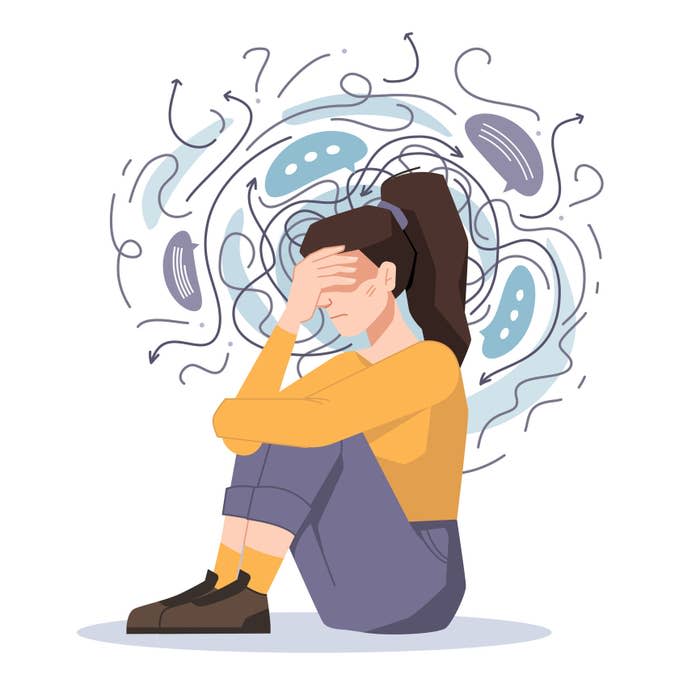 cartoon of an anxious woman with thoughts swirling her head