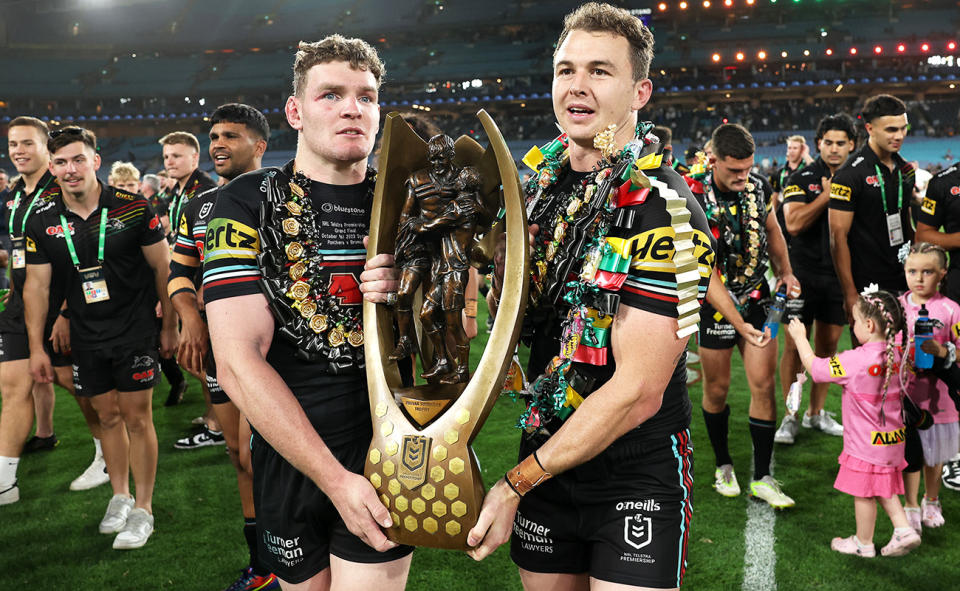 Liam Martin and Dylan Edwards, pictured here after the NRL grand final. 