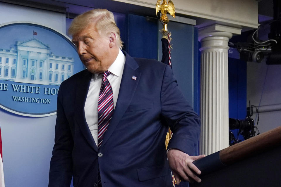 President Donald Trump leaves after speaking at the White House, Thursday, Nov. 5, 2020, in Washington. (AP Photo/Evan Vucci)