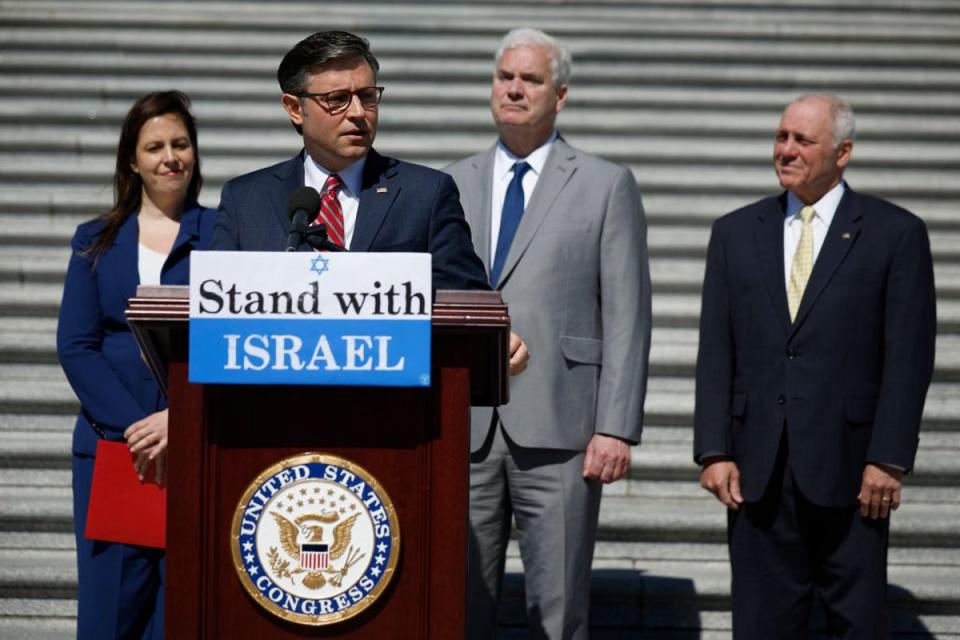 Speaker Mike Johnson and leaders of the House Republican Caucus hold a press conference on a bill that would restrict Joe Biden’s ability to withhold military aid to Israel (Getty Images)