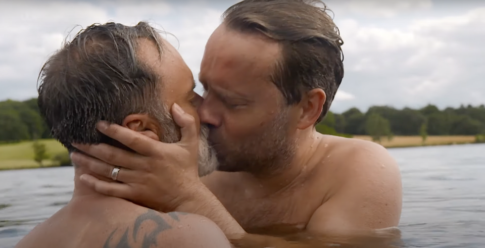 daniel brocklebank, as billy, and peter ash, as paul foreman, skinnydipping in coronation street