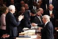 <p>President Donald Trump shakes hands with House Speaker Rep. Paul Ryan (R-WI) after addressing a joint session of the U.S. Congress on February 28, 2017 in the House chamber of the U.S. Capitol in Washington, DC. Trump’s first address to Congress focused on national security, tax and regulatory reform, the economy, and healthcare. (Win McNamee/Getty Images) </p>