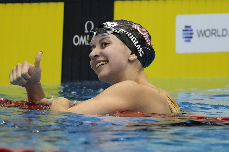 Kate Douglass of United States reacts after competing in the women's 200m medley final at the World Swimming Championships in Fukuoka, Japan, Monday, July 24, 2023. (AP Photo/Lee Jin-man)