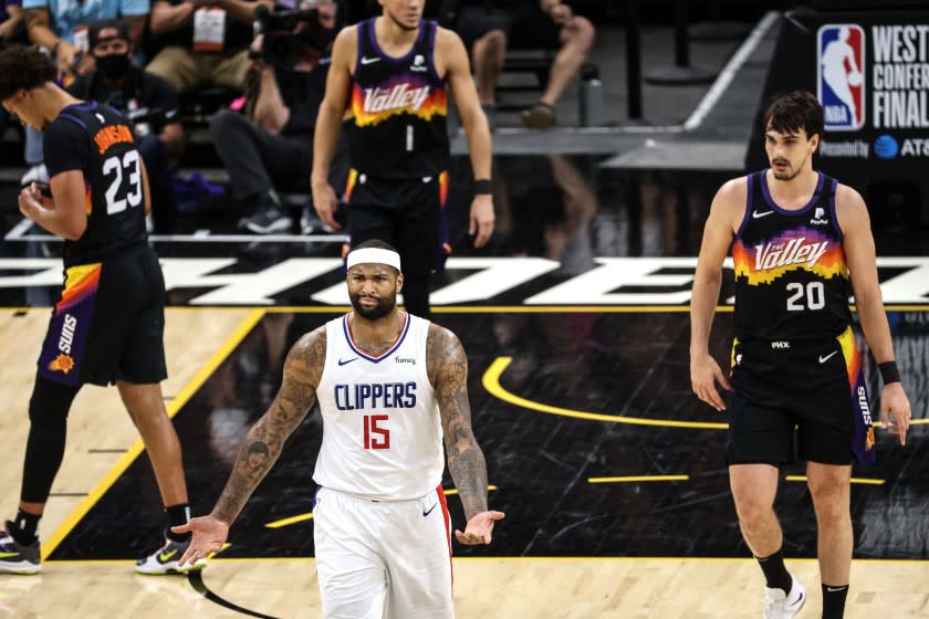 Clippers center DeMarcus Cousins (15) shows his frustration during first half action