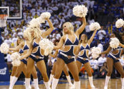 The Thunder Girls dance squad performs in the fourth quarter of Game 2 of the Western Conference semifinal NBA basketball playoff series between the Los Angeles Clippers and the Oklahoma City Thunder in Oklahoma City, Wednesday, May 7, 2014. Oklahoma City won 112-101. (AP Photo/Sue Ogrocki)