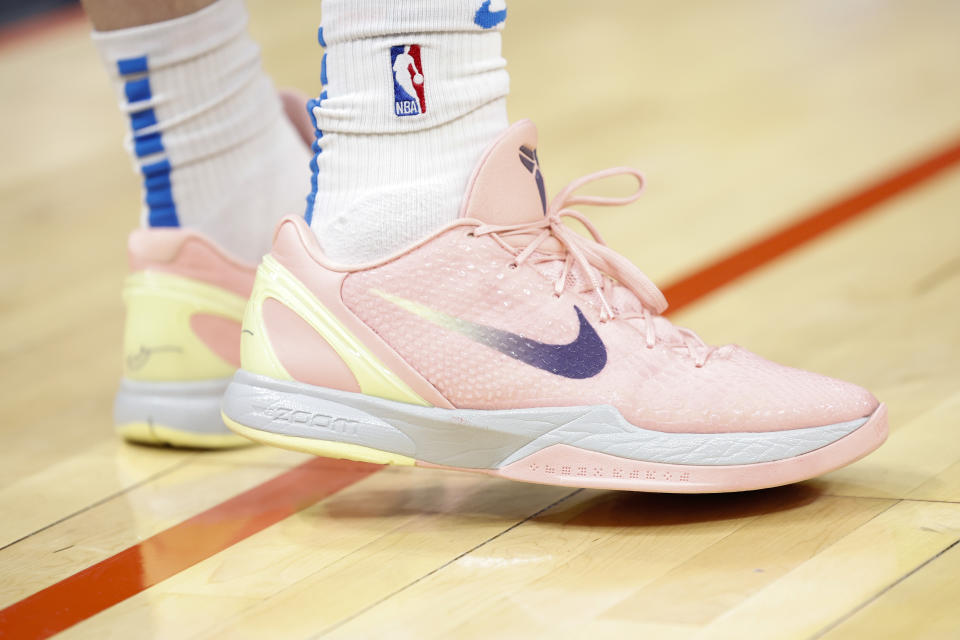 Dec 31, 2023; Oklahoma City, Oklahoma, USA; A detailed view of Oklahoma City Thunder guard Josh Giddey (3) shoes during a game against the Brooklyn Nets at Paycom Center. Mandatory Credit: Alonzo Adams-USA TODAY Sports