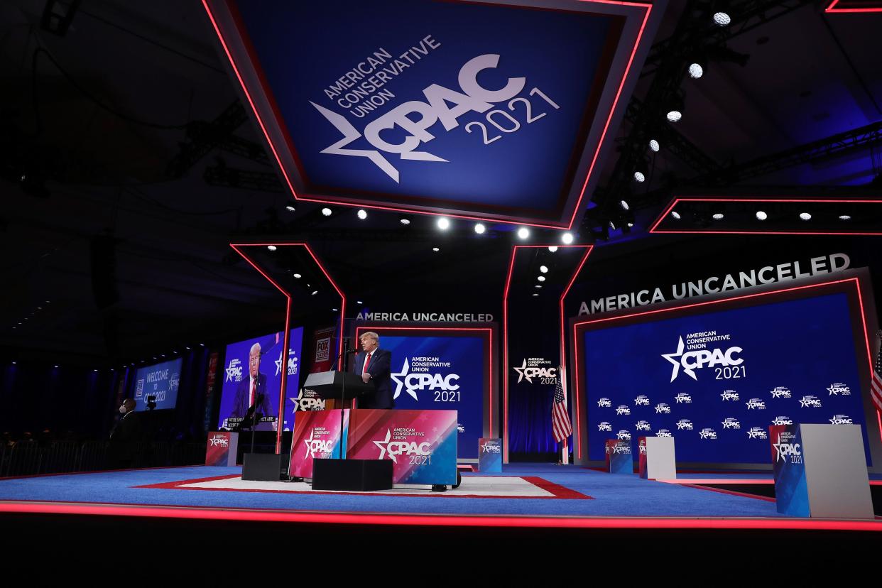 <p>Former US President Donald Trump addresses the Conservative Political Action Conference (CPAC) held in the Hyatt Regency on 28 February 2021 in Orlando, Florida</p> (Getty Images)