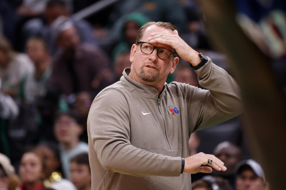 Philadelphia 76ers head coach Nick Nurse reacts to a call during the first half of a preseason NBA basketball game against the Boston Celtics, Sunday, Oct. 8, 2023, in Boston. (AP Photo/Mary Schwalm)