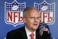 FILE - In this Nov. 16, 2005, file photo, Kansas City Chiefs owner Lamar Hunt talks to the media after NFL Commissioner Paul Tagliabue announced that Kansas City, Mo., was selected to host a Super Bowl, in Kansas City, Mo. Hunt was a champion of Black rights during the Civil Rights era of the 1960s. He grew up in conservative circles yet formed his own opinions of right and wrong. And when his football-loving son was born in 1965, those principles that Hunt instilled in his football franchise became instilled in Clark, who years later would succeed him as chairman of the Chiefs. (AP Photo/Ed Zurga, File)
