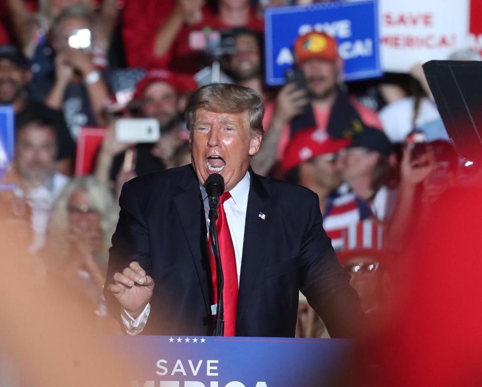 Former President Donald Trump finishes up his speech at a rally at the Lorain County Fairgrounds on  June 26, 2021 in Wellington, Ohio.