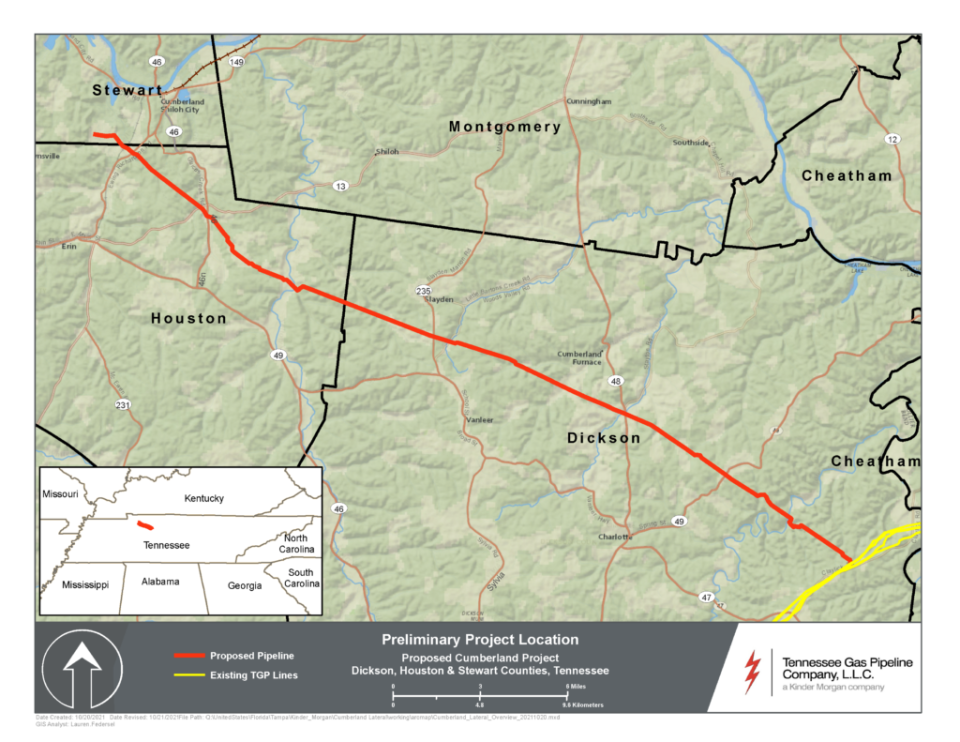 A proposed system map of the Kinder Morgan pipeline to run through three Tennessee counties. (Source: Kinder Morgan)