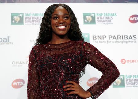 FILE PHOTO: Sloane Stephens of the U.S. arrives for the singles draw ceremony of the WTA Tennis Finals in Singapore October 19, 2018. REUTERS/Edgar Su