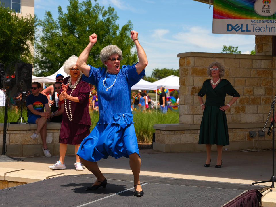 Ethyl Mae Studebaker performs with the Austin Babtist Women, an area comedy troupe, at Round Rock Pride Festival on Saturday. The entertainers, who perform in drag, often raise money for HIV/AIDS charities.