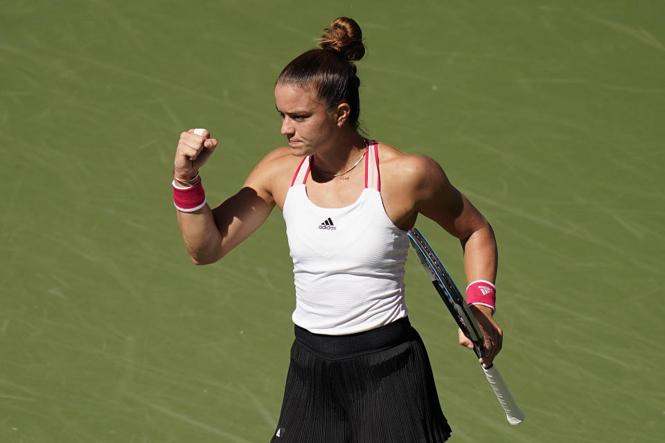 Maria Sakkari, of Greece, reacts during a match against Amanda Anisimova, of the United States, during the third round of the US Open tennis championships, Saturday, Sept. 5, 2020, in New York. (AP Photo/Seth Wenig)