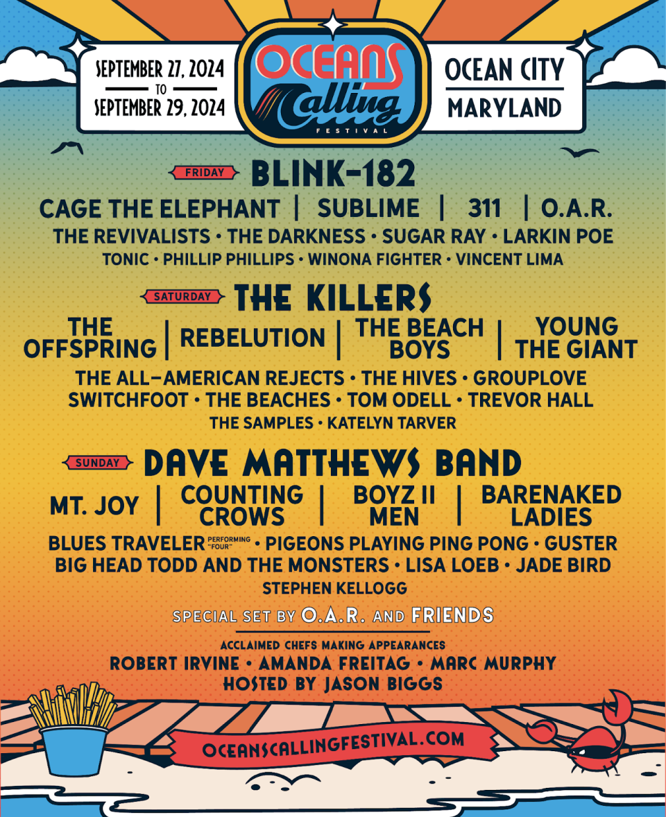 Blink-182, the Killers and the Dave Matthews Band are set to headline the 2024 Oceans Calling festival in Ocean City.