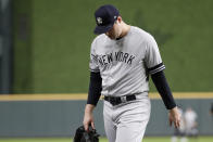 New York Yankees relief pitcher Adam Ottavino leaves the game against the Houston Astros during the fifth inning in Game 2 of baseball's American League Championship Series Sunday, Oct. 13, 2019, in Houston. (AP Photo/Eric Gay)