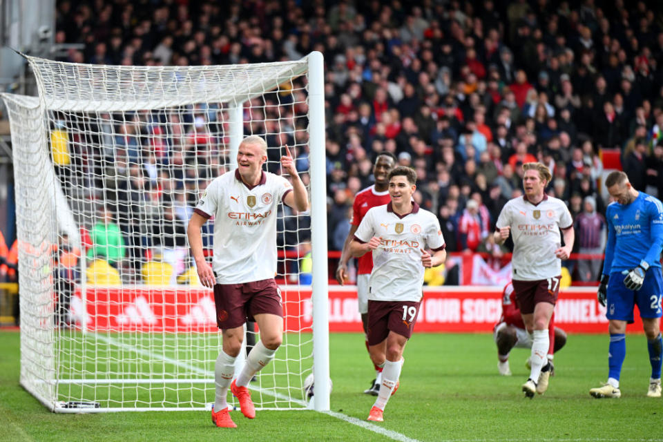 NOTTINGHAM, ENGLAND - APRIL 28: Erling Haaland of Manchester City celebrates scoring his team's second goal during the Premier League match between Nottingham Forest and Manchester City at City Ground on April 28, 2024 in Nottingham, England. (Photo by Michael Regan/Getty Images)