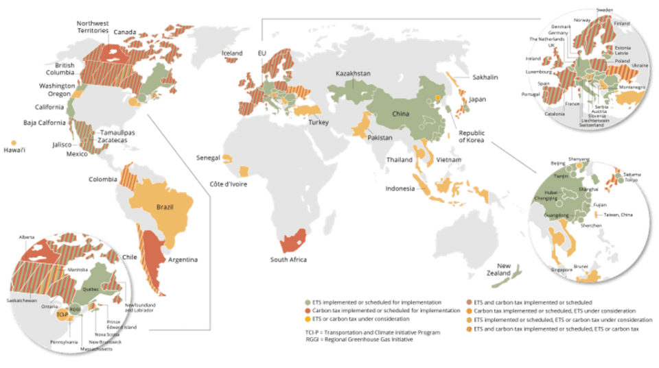 (世界碳定價實施與規畫狀況，圖片取自The World Bank)