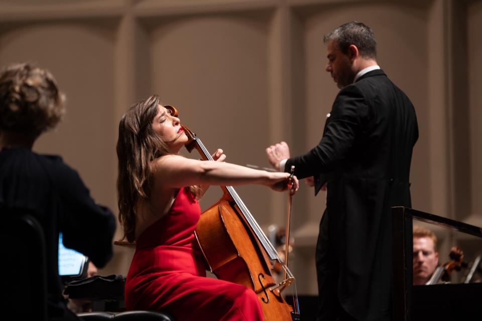 Jader Bignamini (right) conducts the Detroit Symphony Orchestra and soloist Alisa Weilerstein (left) on Feb. 13, 2024, at the University of Florida Performing Arts in Gainesville, Florida.