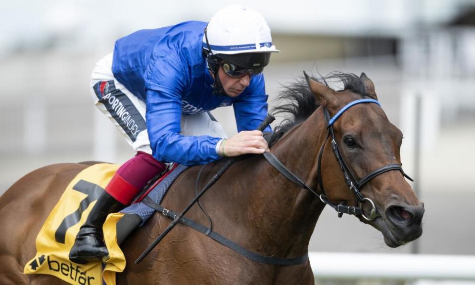 Terebellum, ridden by Frankie Dettori, wins the Dahlia Fillies’ Stakes at Newmarket on Saturday.