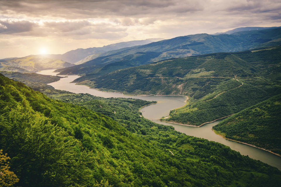 A river in a hilly area