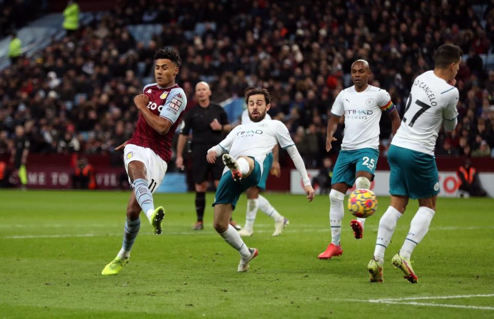 Ollie Watkins, left, scores against Manchester City (Bradley Collyer/PA) (PA Wire)