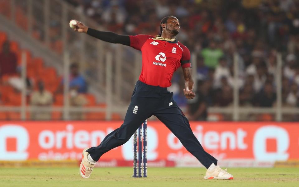 Jofra Archer of England in bowling action during the 1st T20 International match between India and England at Sardar Patel Stadium on March 12, 2021 in Ahmedabad - Getty Images