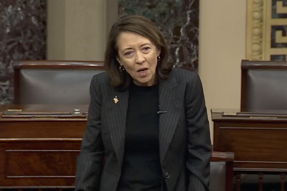This image from U.S. Senate video, Sen. Maria Cantwell, D-Wash., speaks about the late Sen. Dianne Feinstein in the Senate chamber on Friday, Sept. 29, 2023, in Washington. In tributes to Feinstein after her death, her female colleagues talked about her indomitable, fierce intelligence and how she had paved the way for so many women. Feinstein was the first female mayor of San Francisco, one of California’s first two female senators and the first female chairwoman of the Senate Intelligence Committee. (Senate Television via AP)