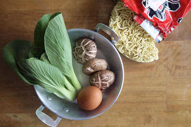 To make the meal more substantial, include a few extras such as shiitake mushrooms, 'xiao bai cai' and an egg.