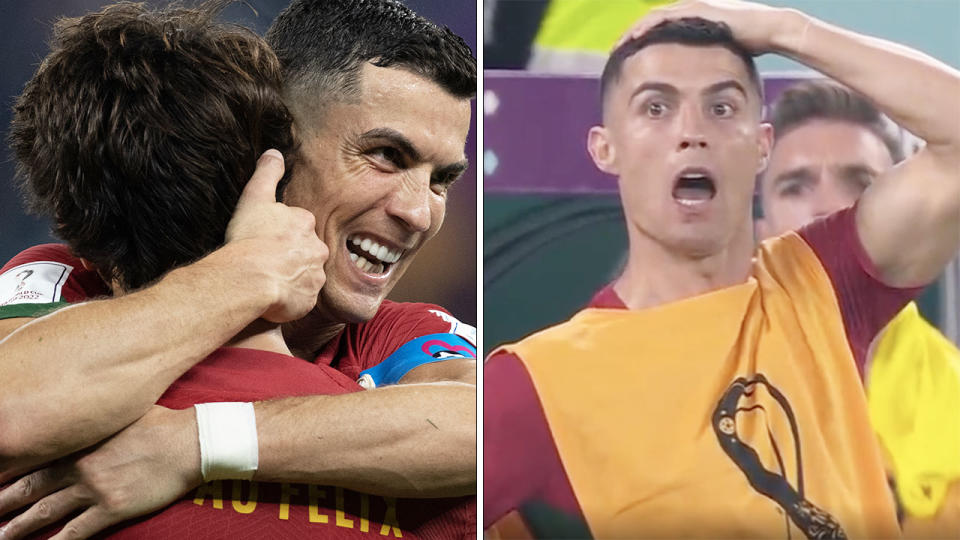 Cristiano Ronaldo embraces a teammate on the left, and reacts in disbelief on the right.