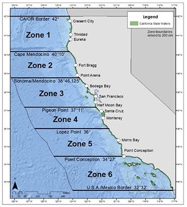 Map of crab fishing zones off the California coast.